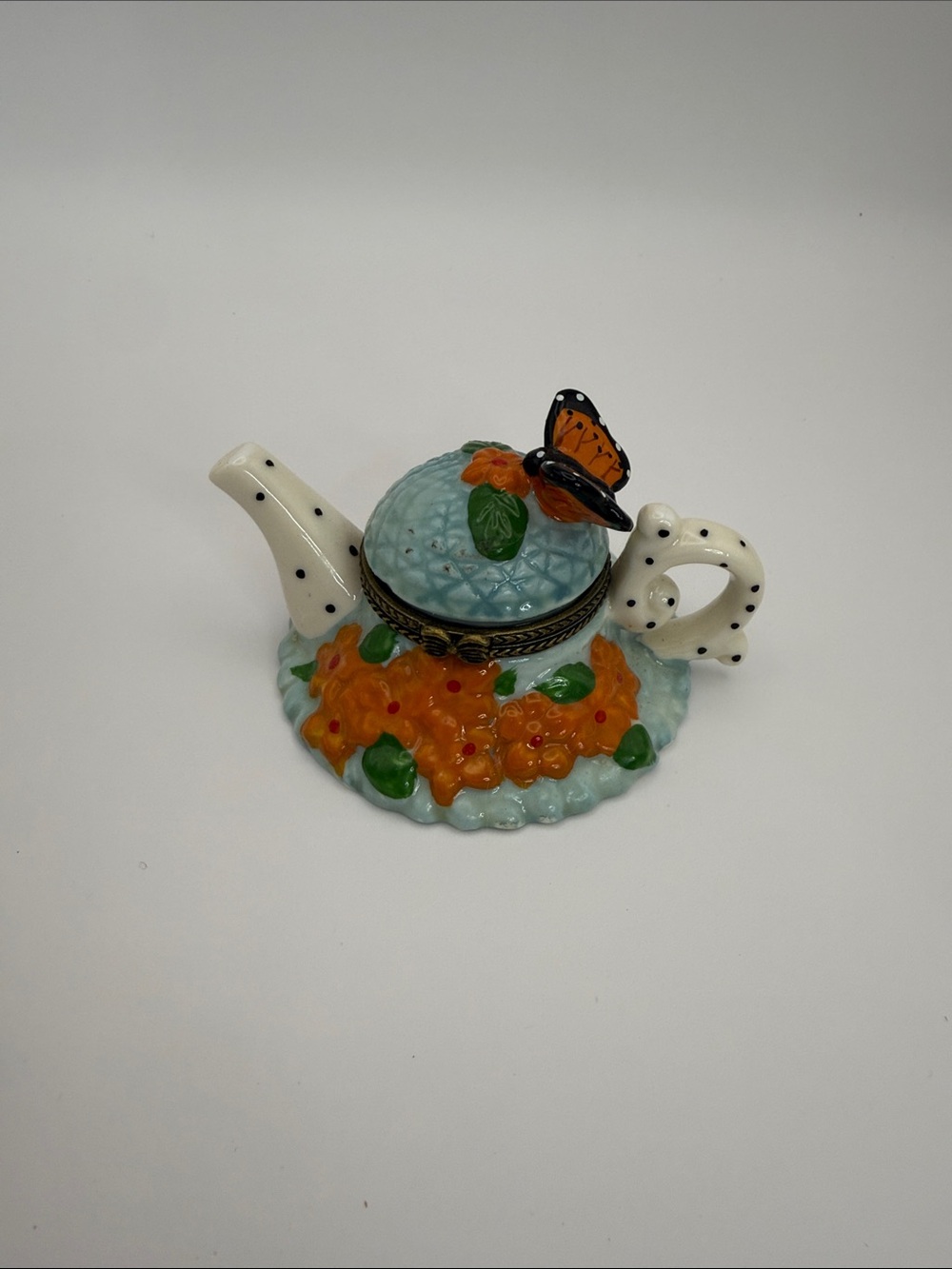 Mini Teapot Trinket Box Butterfly Floral Hinged Porcelain Style Collectible